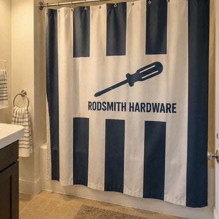 Branded shower curtain on a rod in an apartment bathroom
