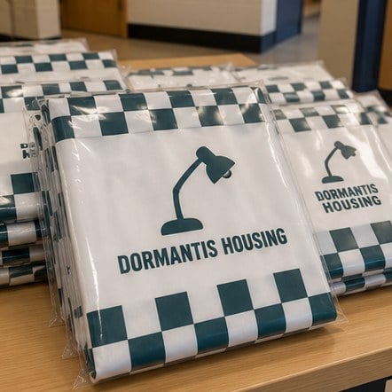 Custom packaged shower curtains on a dorm welcome table