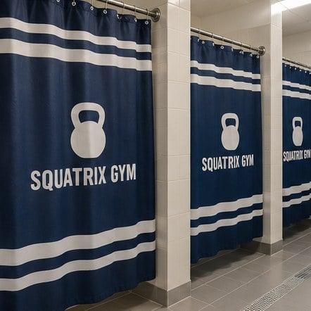 Custom logo shower curtains on gym locker room stalls