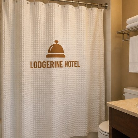 Custom waffle shower curtain in a hotel bathroom