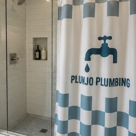 Custom shower curtain pulled aside in a walk-in shower