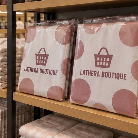 Custom shower curtains on a home goods store shelf
