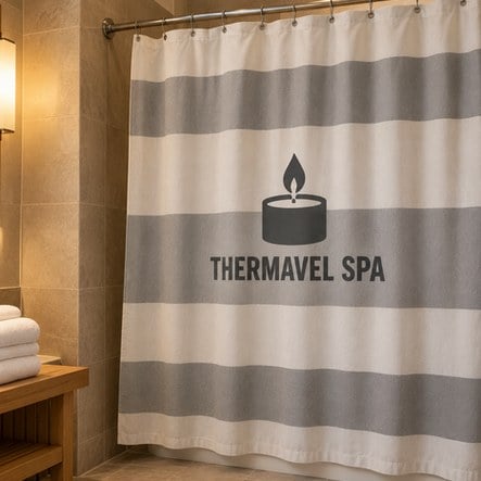 Custom geometric shower curtain in a spa changing room