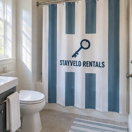 Custom striped shower curtain in a vacation rental bathroom