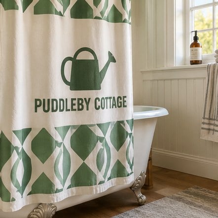 Printed shower curtain on a clawfoot tub
