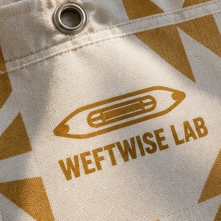 Printed logo detail on woven shower curtain fabric beside a grommet